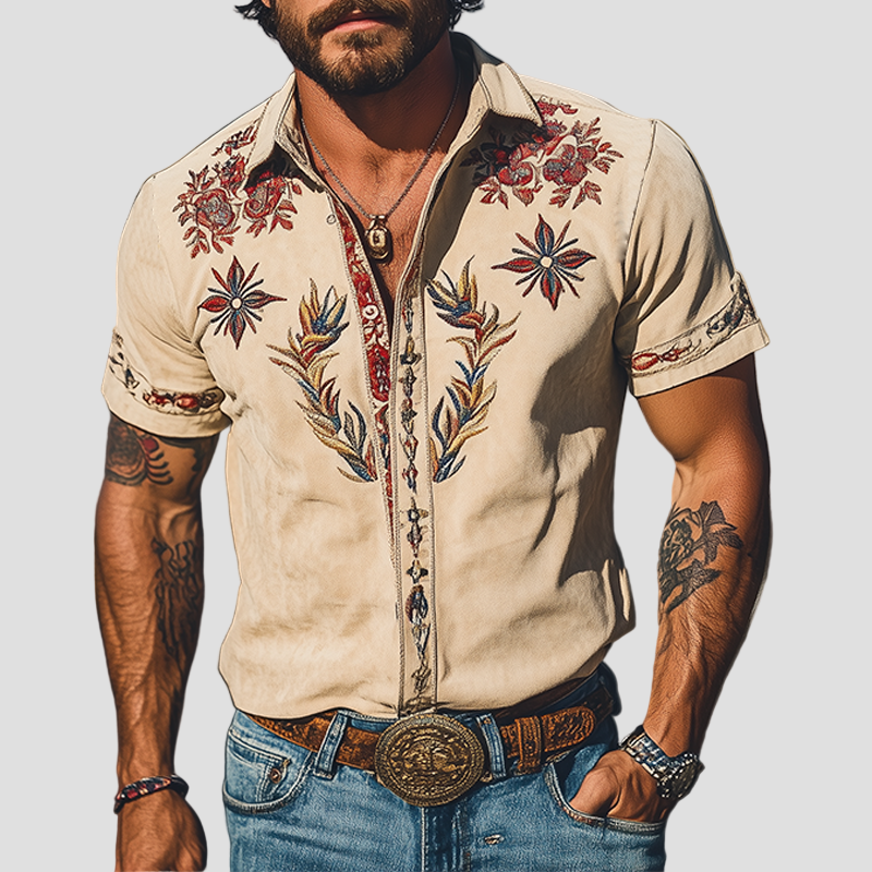 Byron | Retro Suede Embroidered Short Sleeve Shirt