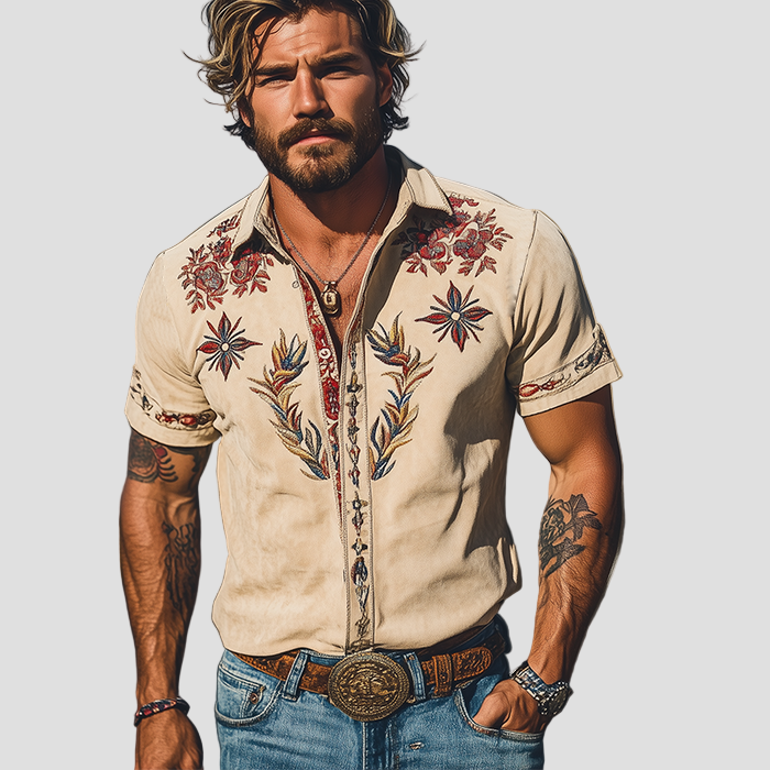 Byron | Retro Suede Embroidered Short Sleeve Shirt