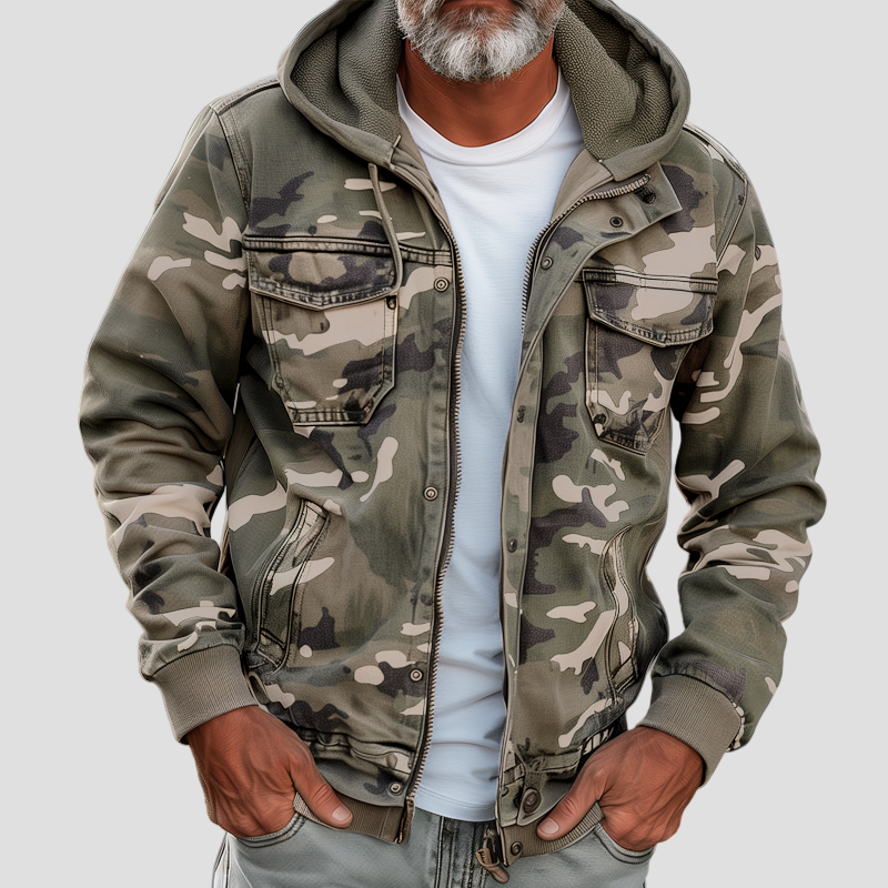 Hunter | Camouflage Hooded Multi-Pocket Zip Cargo Jacket