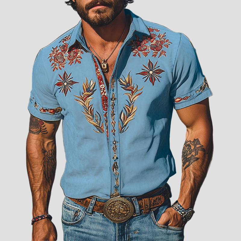 Byron | Retro Suede Embroidered Short Sleeve Shirt