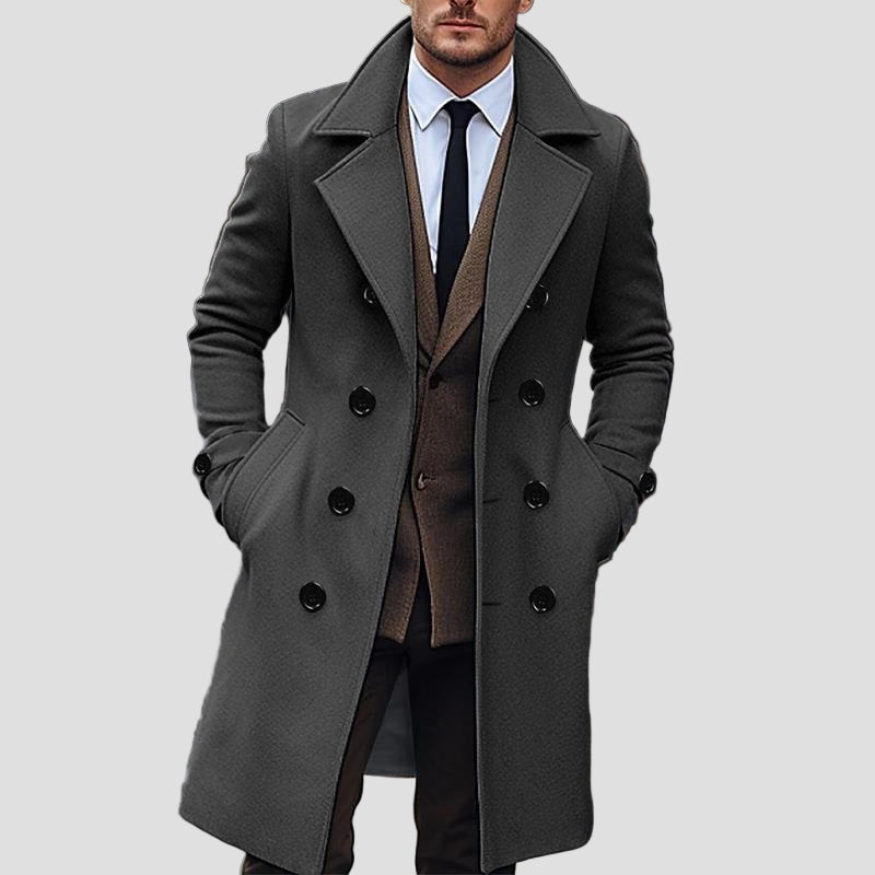 Carter | Solid Notch Lapel Double-Breasted Long Coat