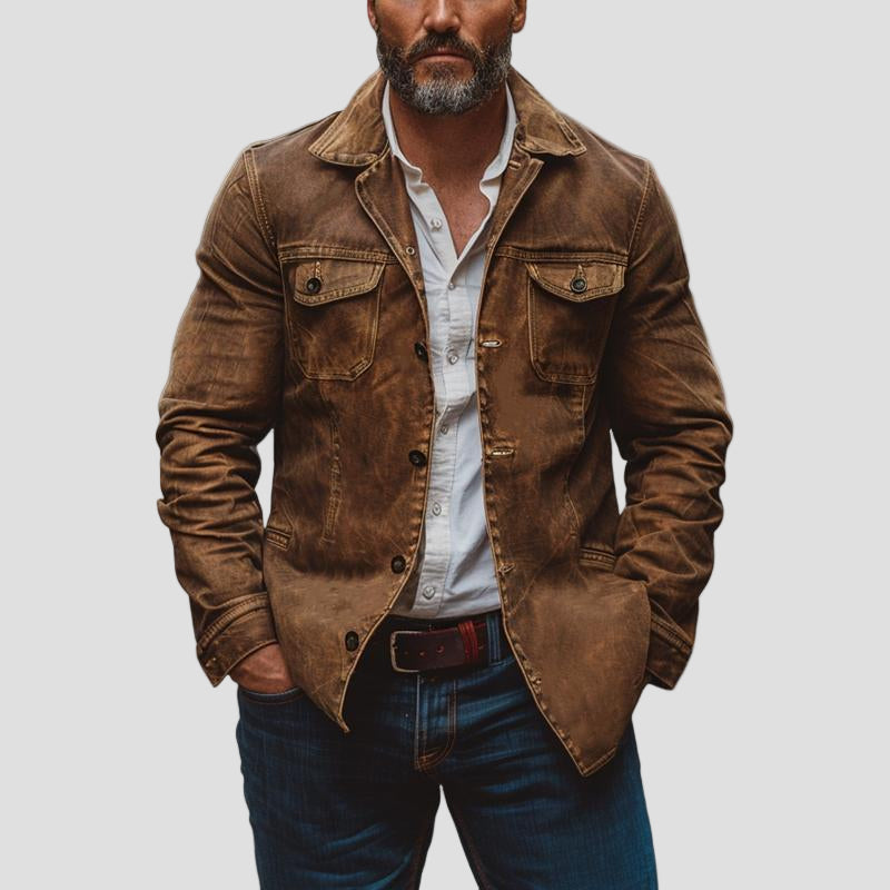 Caleb | Vintage Heavy Washed Leather Lapel Multi-Pocket Work Jacket