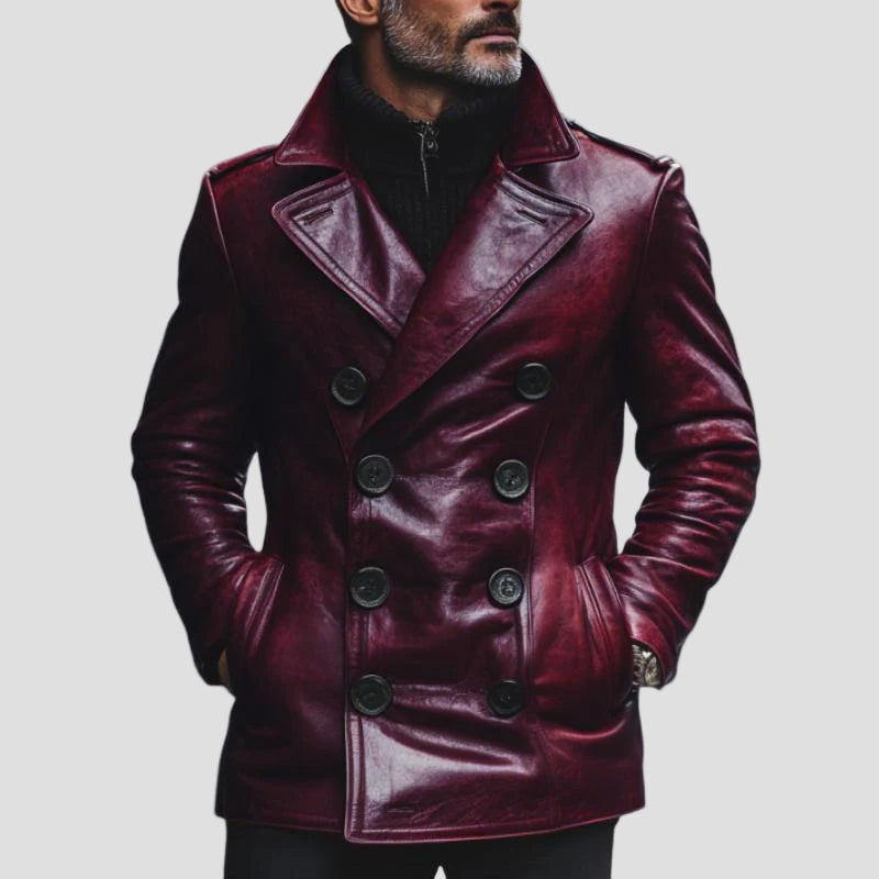 Austin | Vintage Notch Lapel Double-Breasted Slim Fit Leather Coat