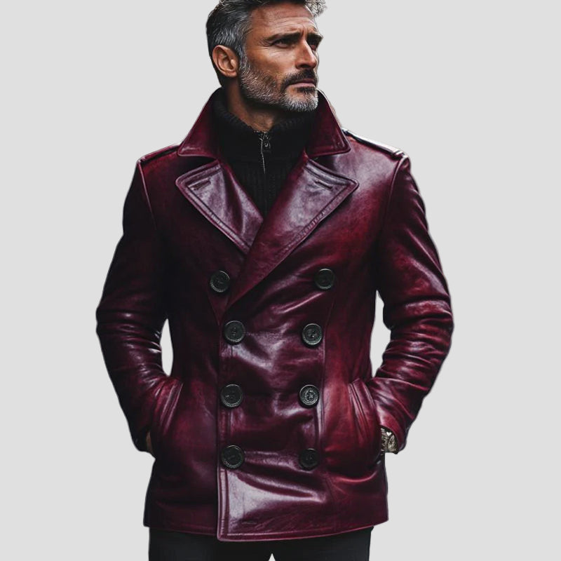 Austin | Vintage Notch Lapel Double-Breasted Slim Fit Leather Coat