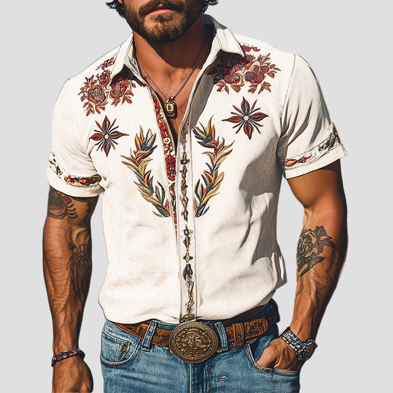 Byron | Retro Suede Embroidered Short Sleeve Shirt