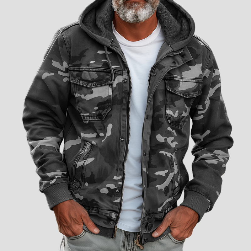Hunter | Camouflage Hooded Multi-Pocket Zip Cargo Jacket