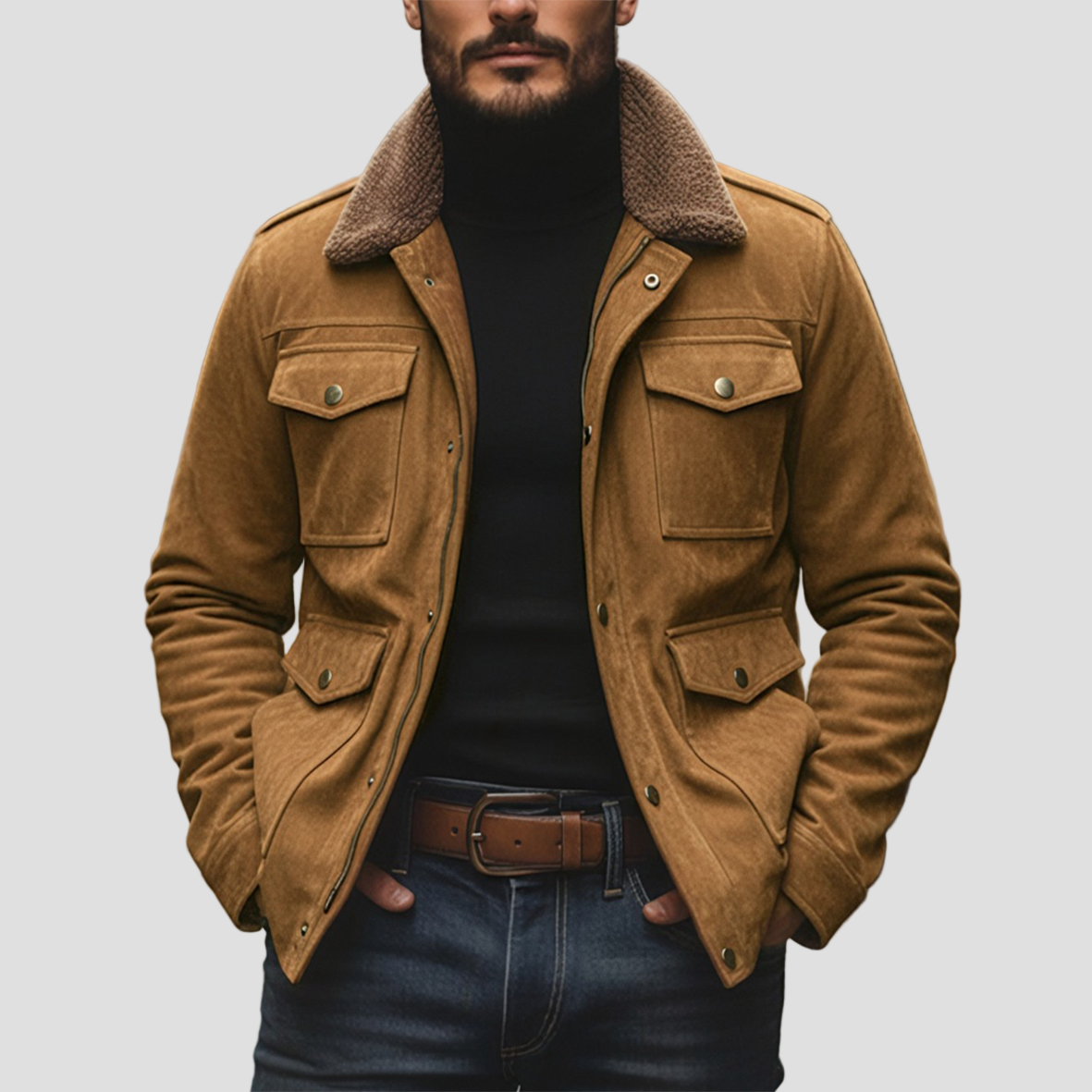 Blake | Vintage Suede Fleece Collar Patchwork Multi-Pocket Zipper Coat