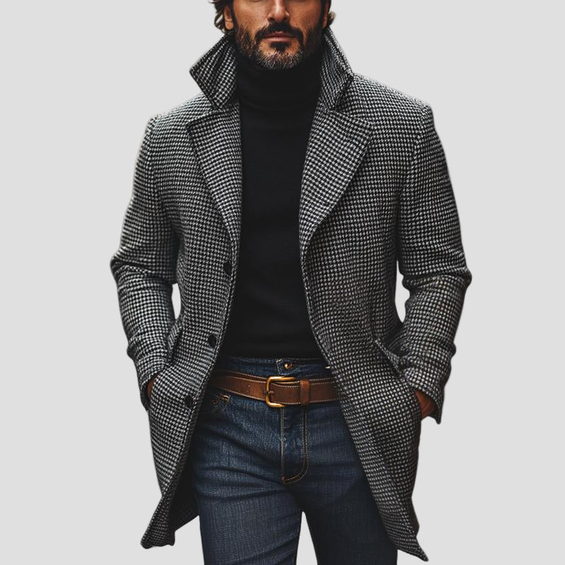 Grant | Classic Houndstooth Notch Lapel Single-Breasted Mid-Length Coat
