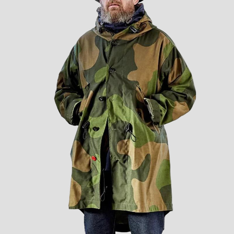 Ryan | Camouflage Hooded Single-Breasted Trench Coat