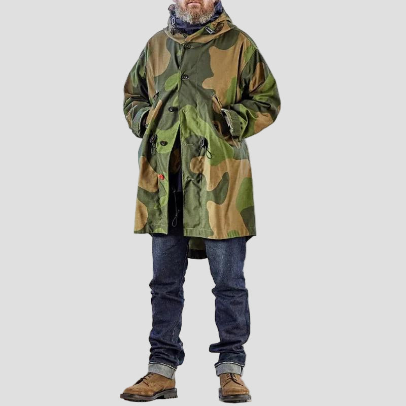 Ryan | Camouflage Hooded Single-Breasted Trench Coat
