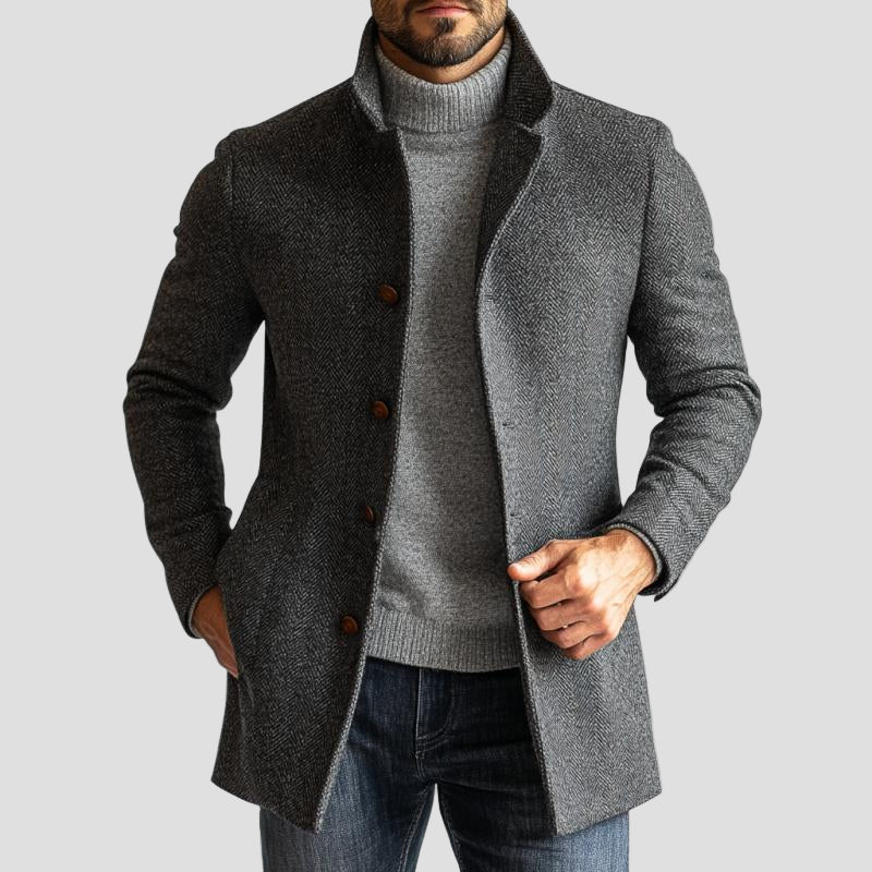 Preston | Retro Herringbone Woolen Single-Breasted Mid-Length Coat