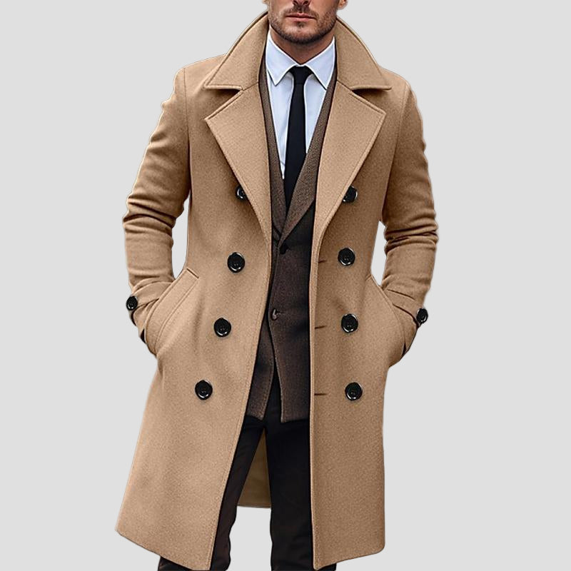 Carter | Solid Notch Lapel Double-Breasted Long Coat