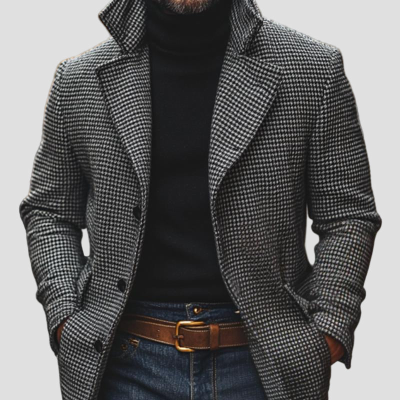 Grant | Classic Houndstooth Notch Lapel Single-Breasted Mid-Length Coat
